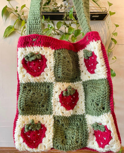 Crochet Strawberry Granny Square Mini Tote Bag