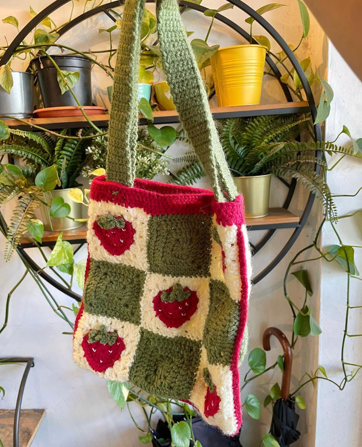 Crochet Strawberry Granny Square Mini Tote Bag